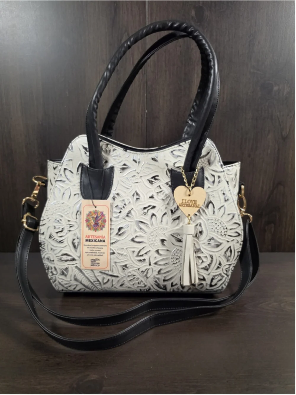 Black White Silver Embossed Tooled Artisan LEATHER Shoulder Bag Purse Crossbody